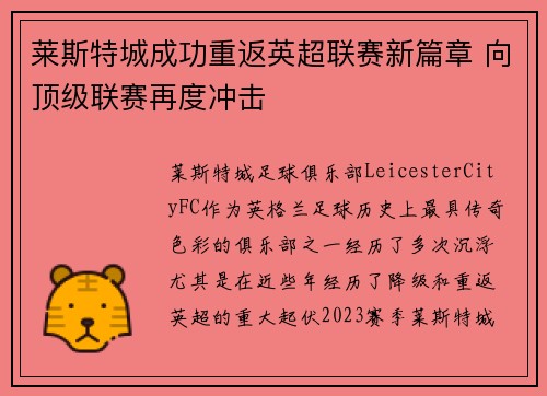 莱斯特城成功重返英超联赛新篇章 向顶级联赛再度冲击